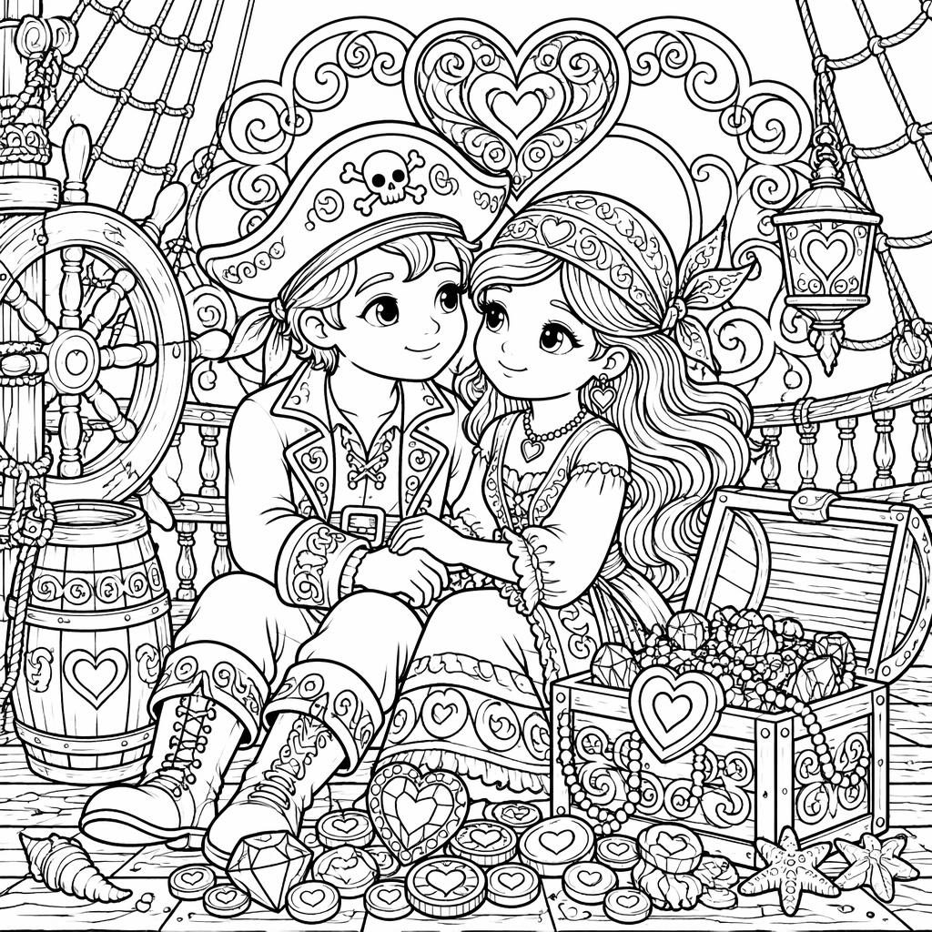 Black-and-white coloring page of cute cartoon pirate kids with a treasure chest and pirate ship in intricate line art.
