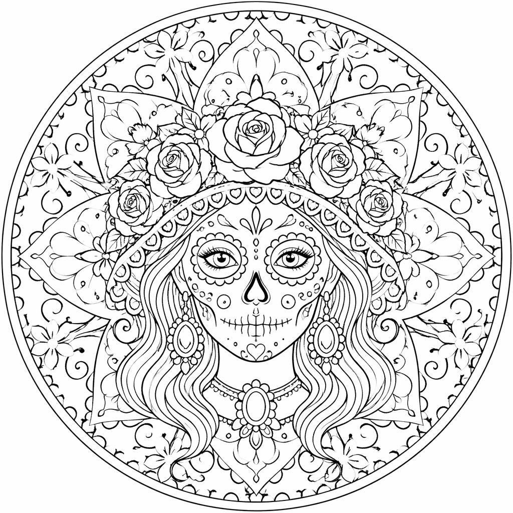Ilustración en blanco y negro de mandala geométrico para adultos con detalles intrincados y estilo art nouveau.
