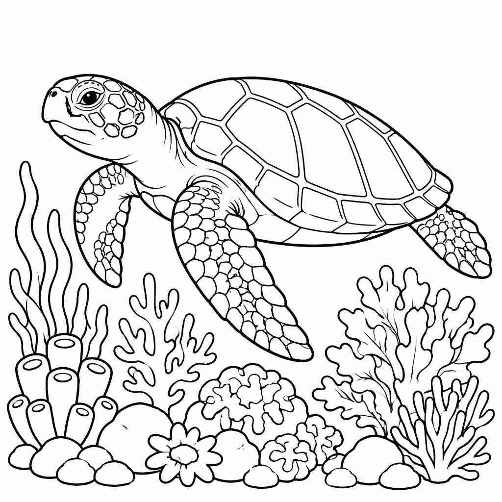 Schwarz-weiße Ausmalbild-Illustration einer erwachsenen Meeresschildkröte am Korallenriff, mit klaren Umrissen