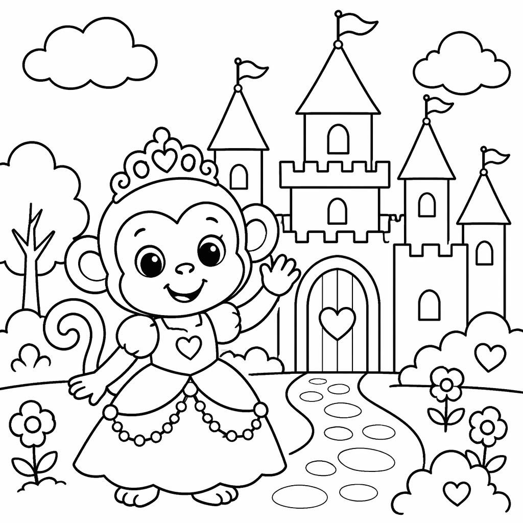 Black-and-white coloring page line art of a cute fairy tale princess castle for kids in a simple cartoon style.