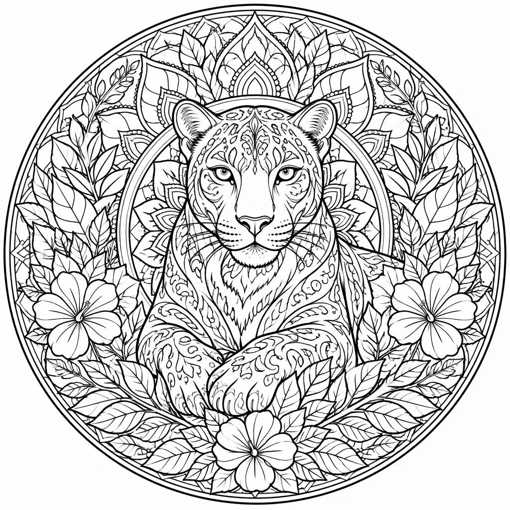 Schwarz-weiße Ausmalseite mit filigranem Panther-Mandala aus botanischen Ornamenten und klaren Konturen.