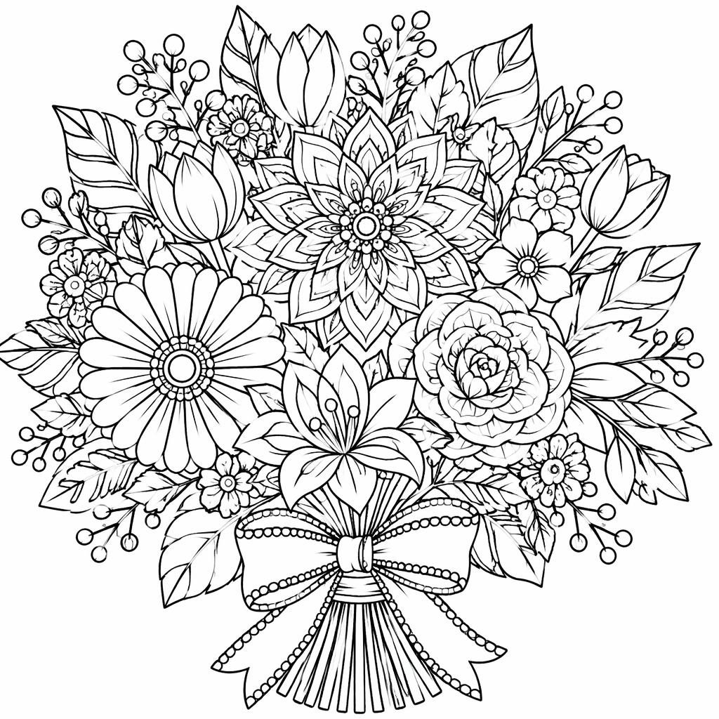 Schwarz-weißes Ausmalbild eines detaillierten Blumenstraußes im Mandala-Stil mit feinen Linien und klaren Formen.