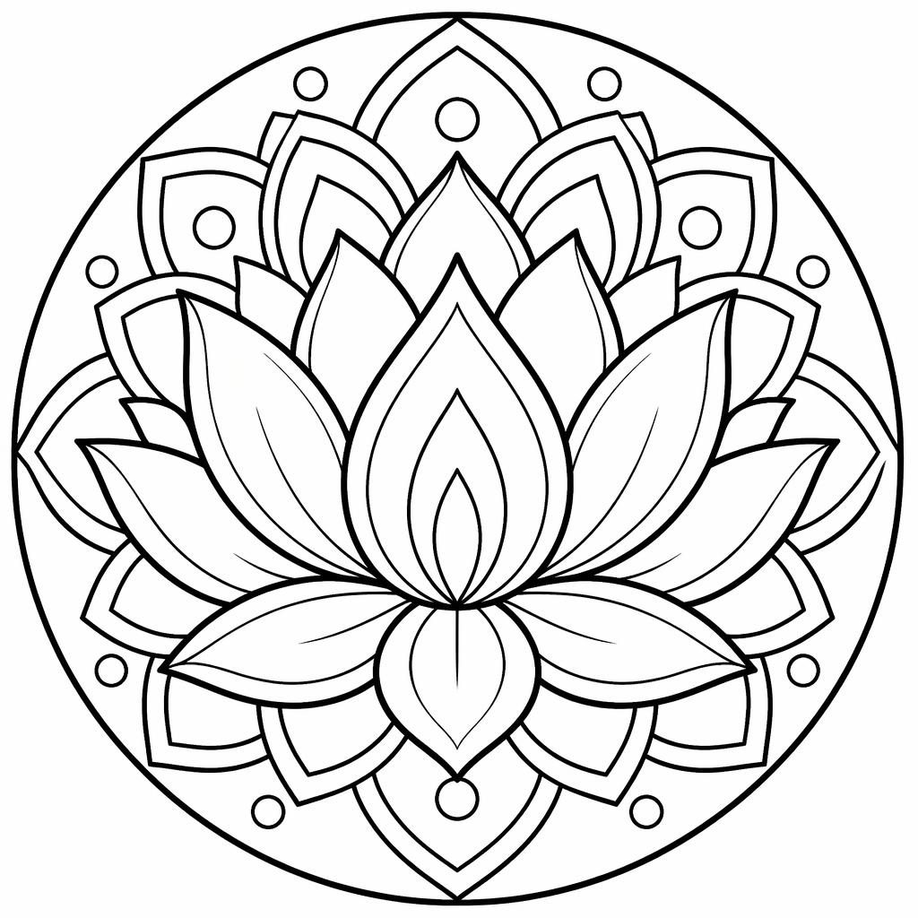 Black-and-white mandala lotus coloring page in a simple manga-inspired line-art style on a white background.