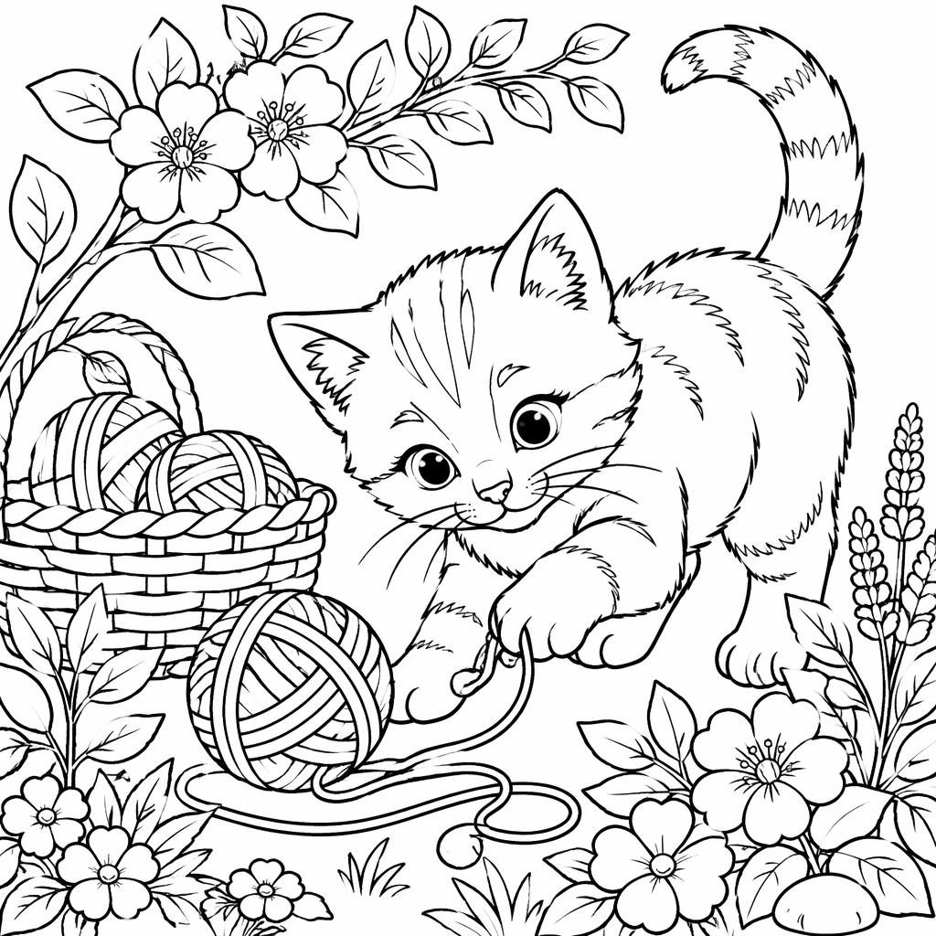 Illustration noir et blanc d’un chaton avec une pelote de laine, style botanique, contours nets à colorier.