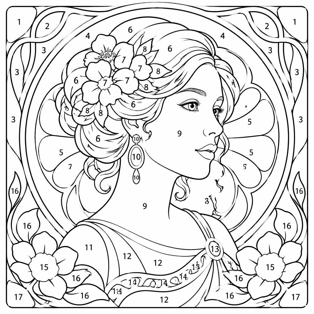 Black-and-white line art of an art nouveau woman portrait in a cute cartoon style, designed as a printable coloring page.