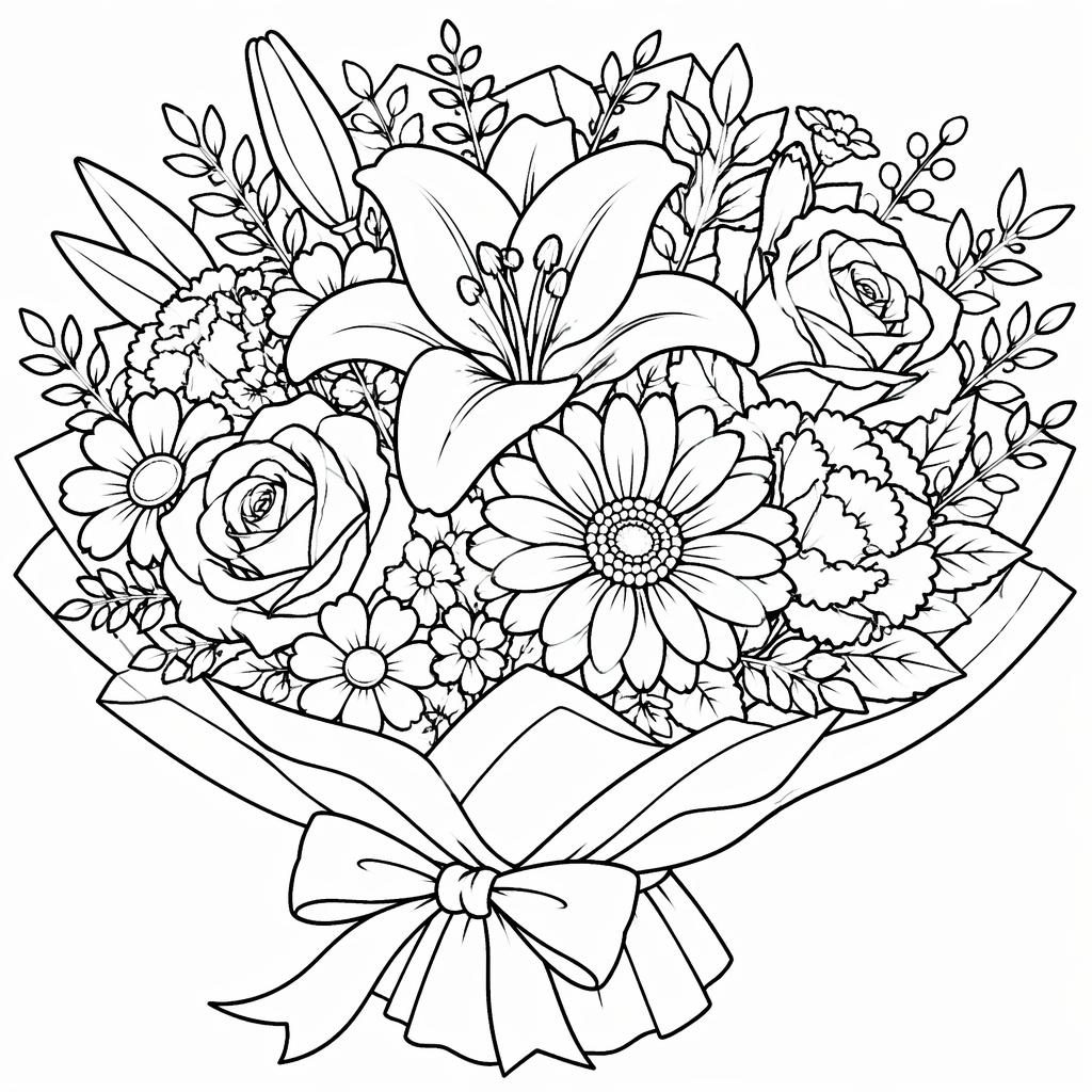 Schwarz-weiße Ausmalbild-Illustration mit Blumenstrauß in klaren Konturen auf weißem Hintergrund.