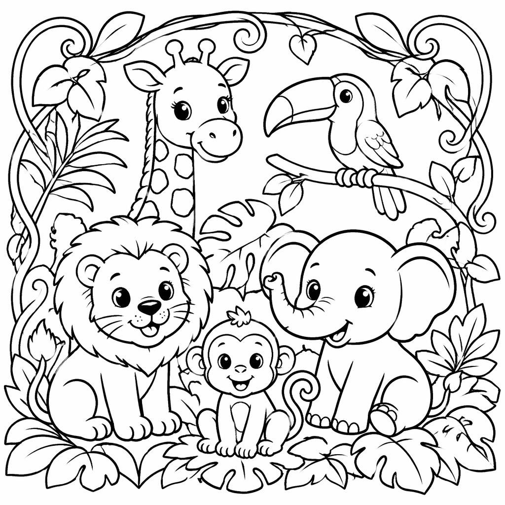 Ilustración para colorear en blanco y negro con niños y animales de la jungla, estilo art nouveau, líneas limpias.