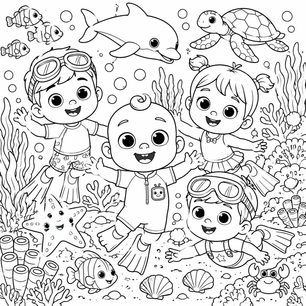Black-and-white coloring page of a kid-friendly underwater ocean scene with fish, coral, bubbles, and sea plants.