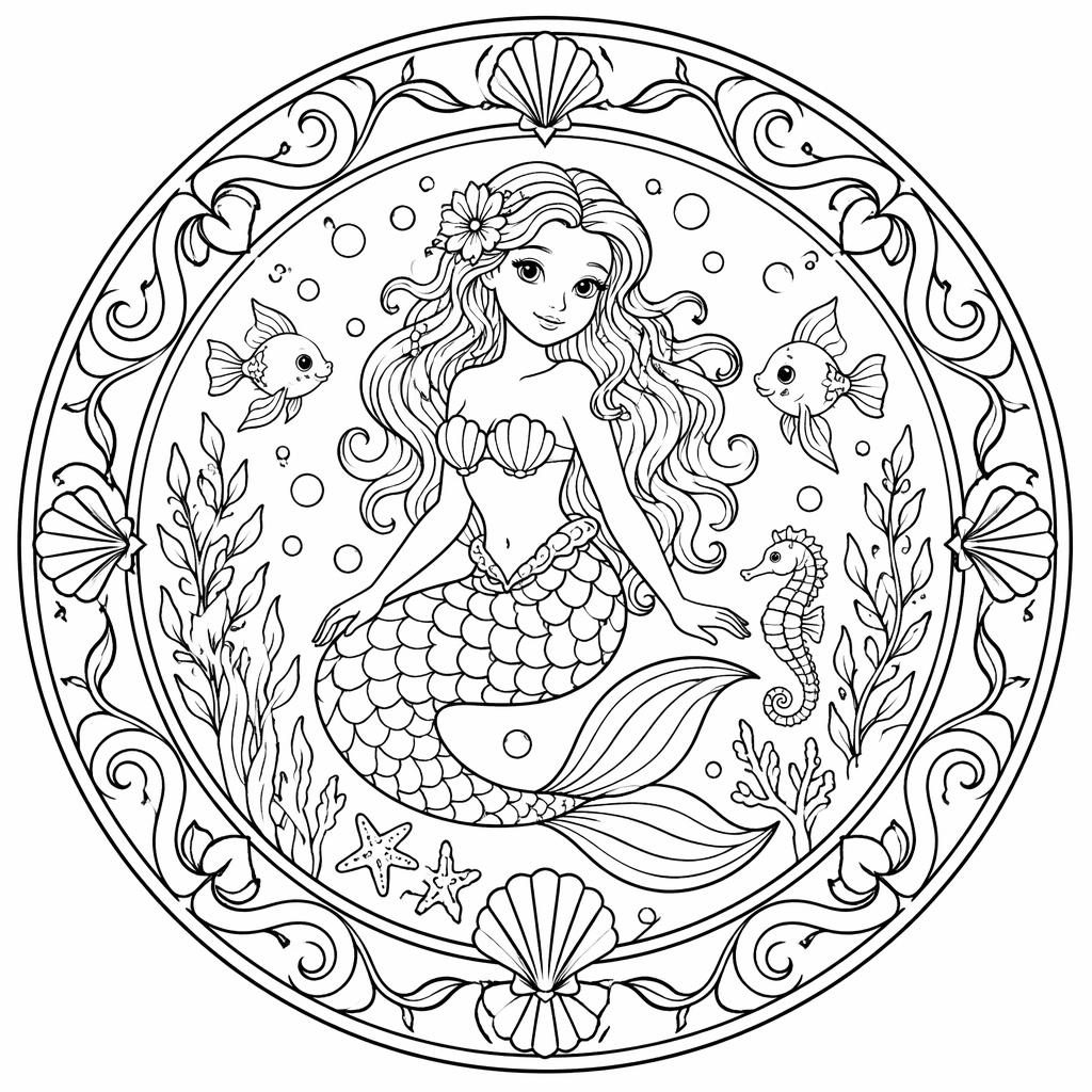 Illustration noir et blanc d’une sirène sous la mer pour enfants, style art nouveau, contours simples à colorier