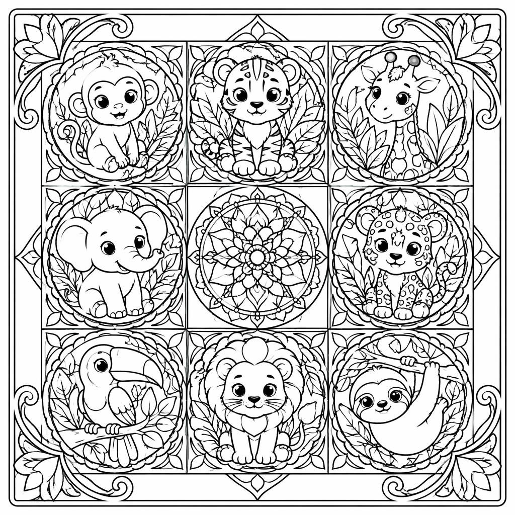 Página para colorear en blanco y negro con animales de la selva para niños, estilo art nouveau y líneas limpias