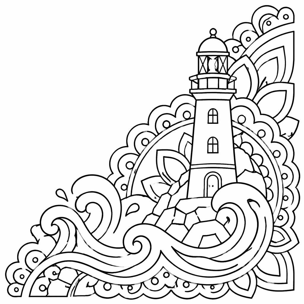 Ilustración en blanco y negro de un faro con olas, estilo manga simple, en dibujo lineal para colorear.