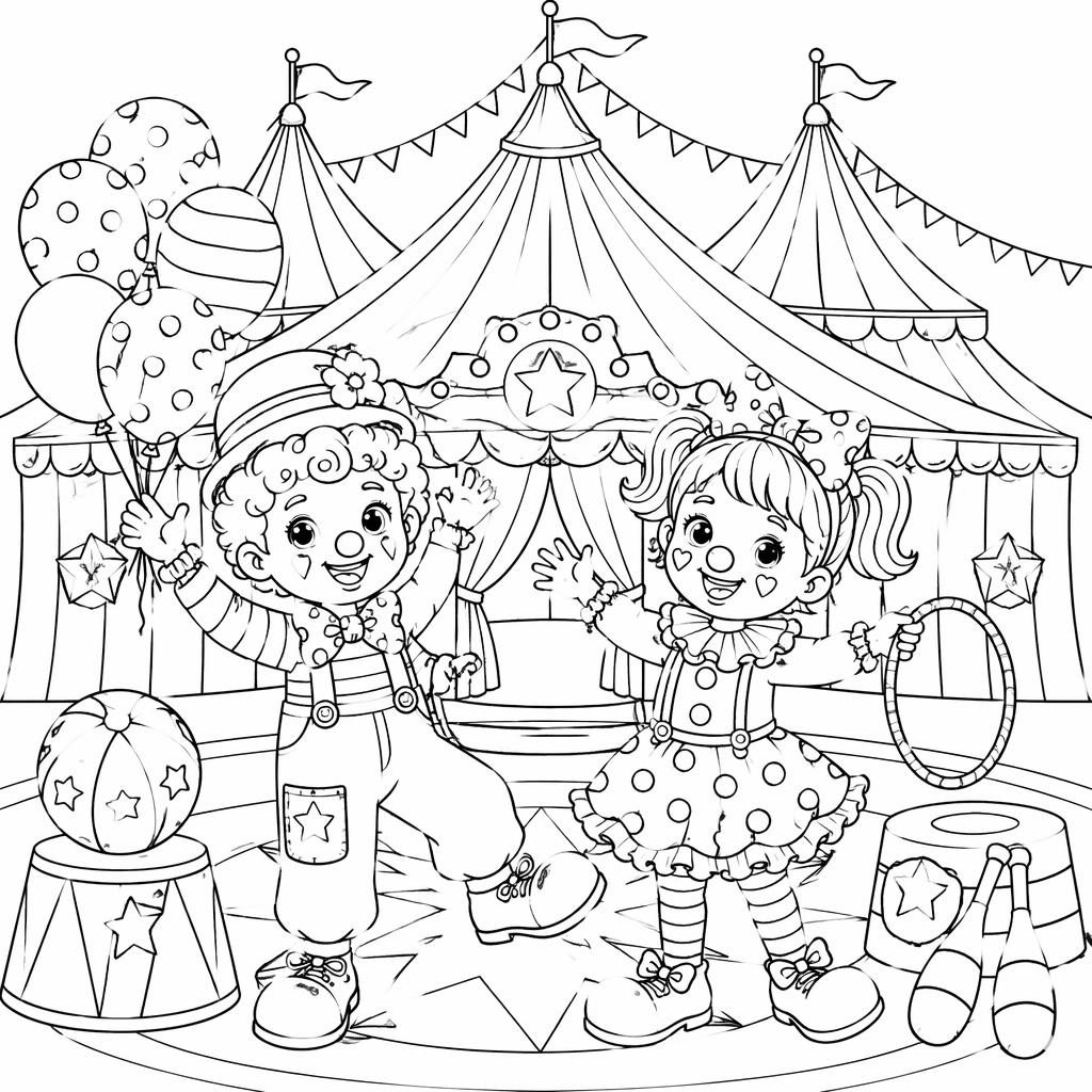 Illustration noir et blanc d’un chapiteau de cirque avec des clowns enfants, en line art détaillé à colorier.