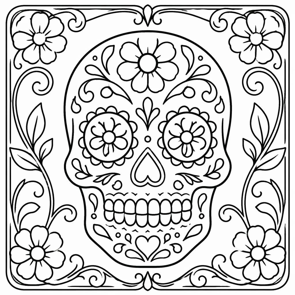 Simple black-and-white sugar skull coloring page in an art nouveau line art style with clean closed shapes.
