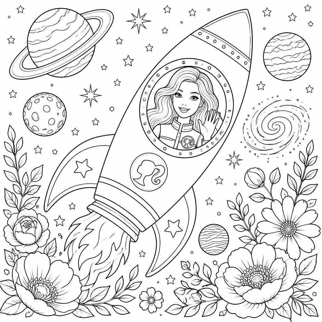 Página para colorear en blanco y negro con cohete espacial, planetas y detalles botánicos en line art limpio.