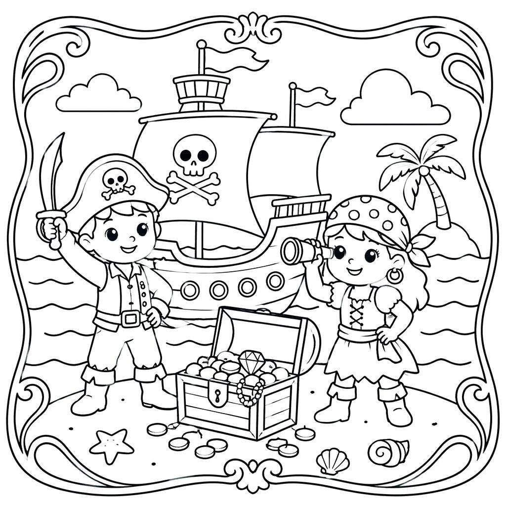 Ilustración para colorear en blanco y negro de un barco pirata con tesoro, estilo art nouveau simple para niños.