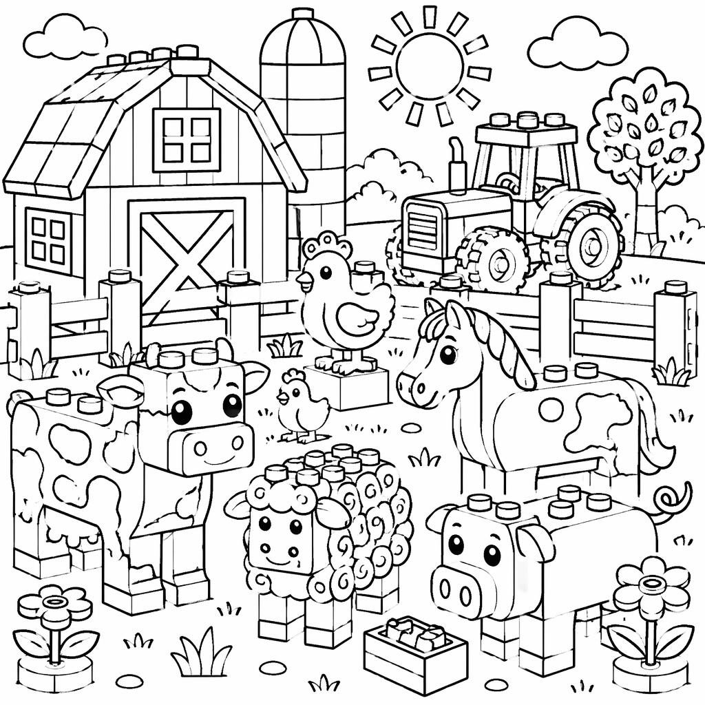 Schwarz-weiße Ausmalseite mit Bauernhoftieren auf dem Hof im detailreichen Zentangle-Stil für Kinder