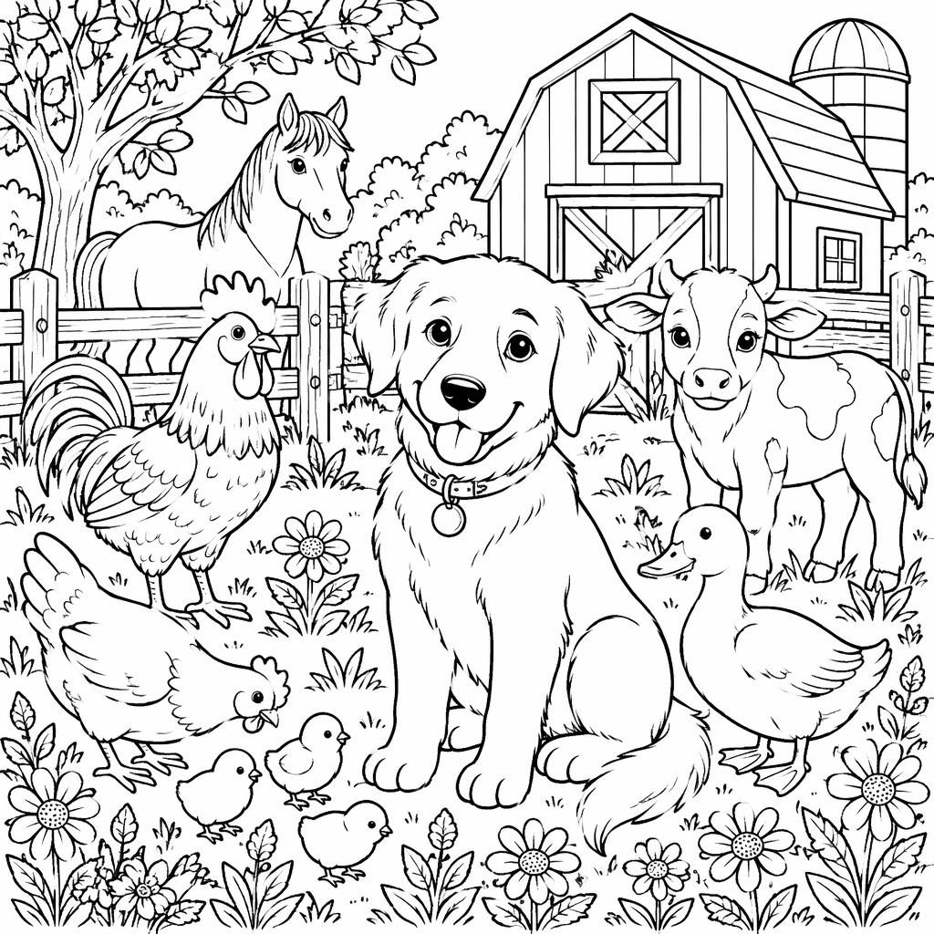 Ilustración en blanco y negro de un perro con animales de granja, estilo botánico, lista para colorear.