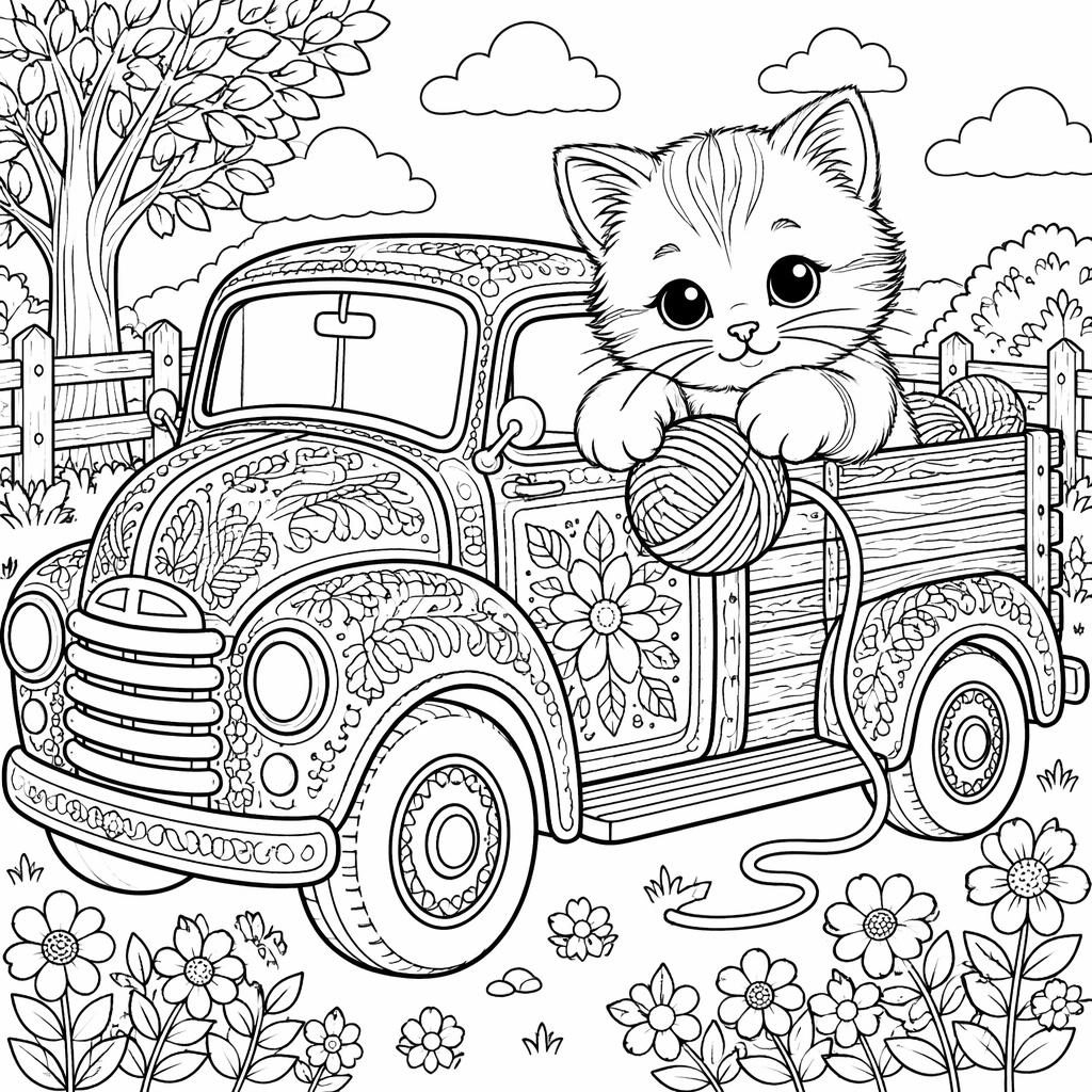 Black-and-white coloring page of a kitten playing with yarn in intricate zentangle-style line art on a white background.