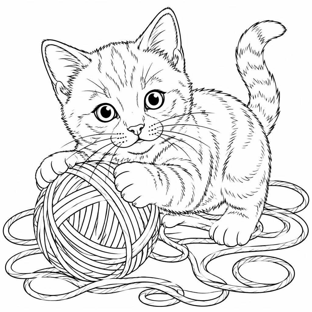 Schwarz-weiße Ausmalbild-Illustration einer kleinen Katze mit Wollknäueln, klare Konturen, realistischer Stil.