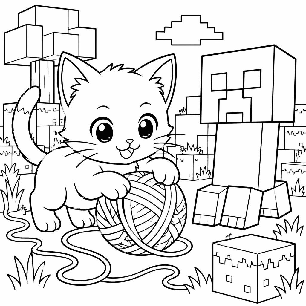 Illustration noir et blanc d’un chaton jouant avec une pelote, style manga, contours nets à imprimer et colorier.