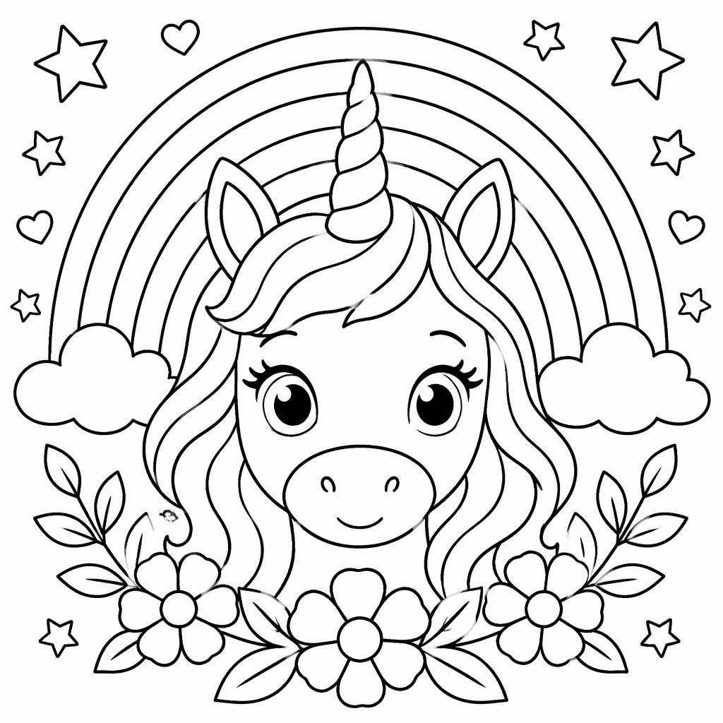 Illustration noir et blanc d’une licorne simple avec arc-en-ciel, contours nets, style botanique pour coloriage enfants