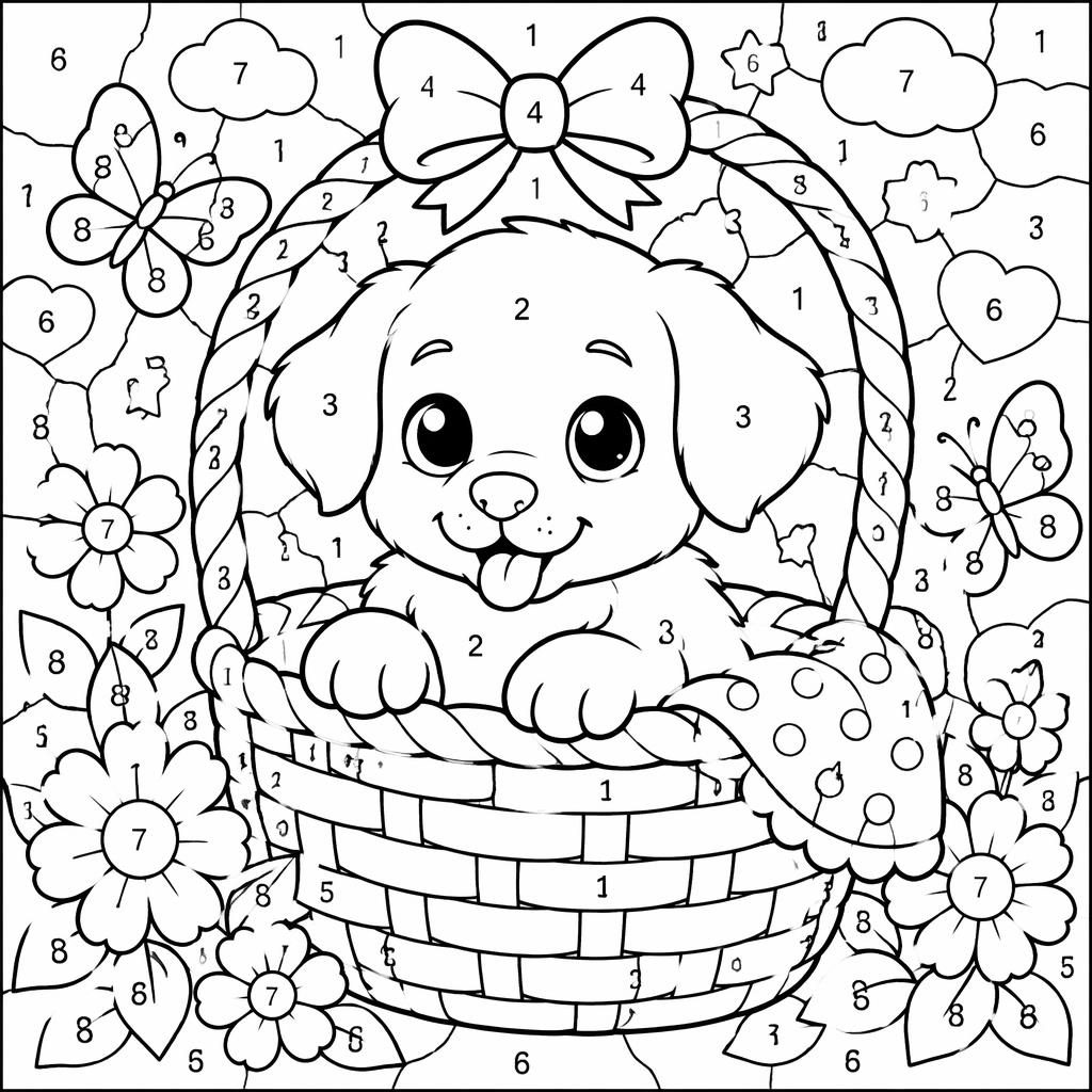 Illustration noir et blanc d’un chiot dans un panier, style manga, contours épais, pour coloriage enfants.