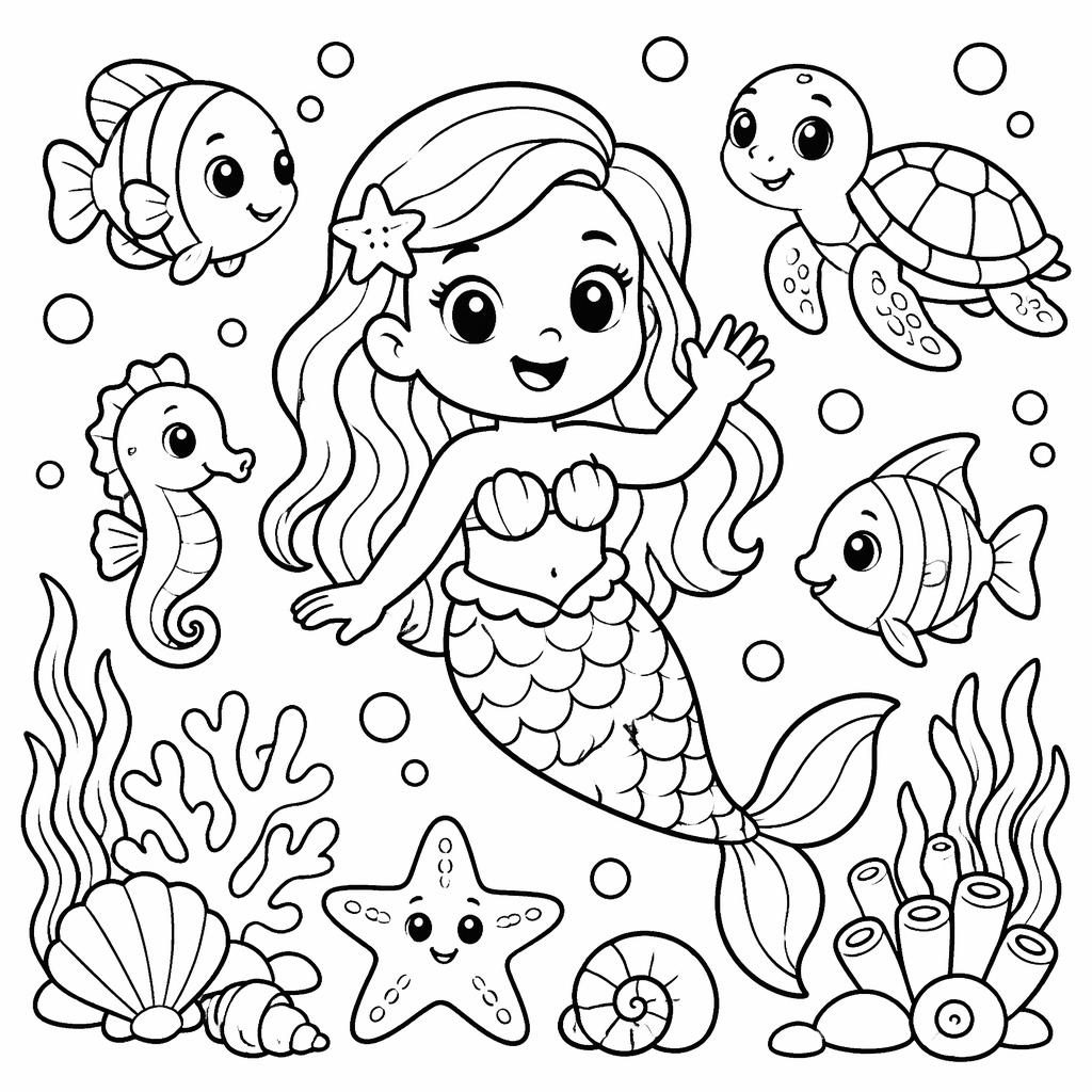 Ilustración infantil en blanco y negro de una sirena bajo el mar, estilo caricatura tierna, con líneas gruesas.