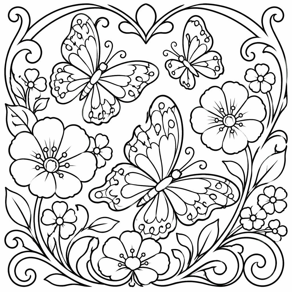 Ilustración para colorear en blanco y negro con mariposas y flores grandes, líneas gruesas y estilo art nouveau.