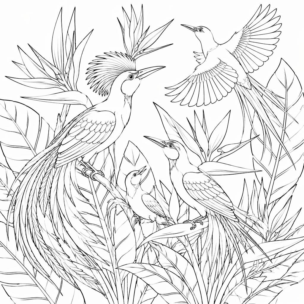 Ilustración para colorear en blanco y negro de aves del paraíso detalladas con contornos limpios y fondo blanco.