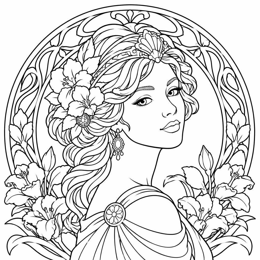 Ilustración para colorear en blanco y negro de un retrato femenino art nouveau, estilo caricatura tierna y líneas limpias.