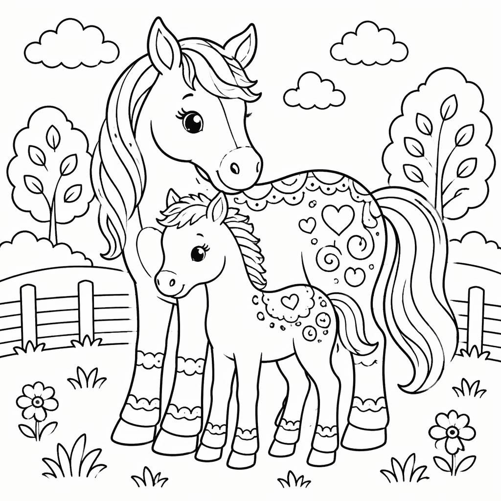 Schwarz-weiße Ausmalvorlage mit Pferdemutter und Fohlen im einfachen Doodle-Linienstil für Kinder.