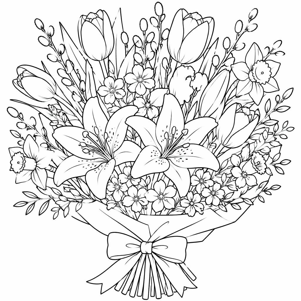 Schwarz-weiße Ausmalbild-Illustration eines detaillierten Blumenstraußes im Manga-Stil mit klaren Konturen.