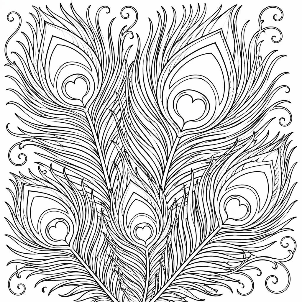 Ilustración para colorear en blanco y negro de plumas de pavo real con contornos limpios y fondo blanco.