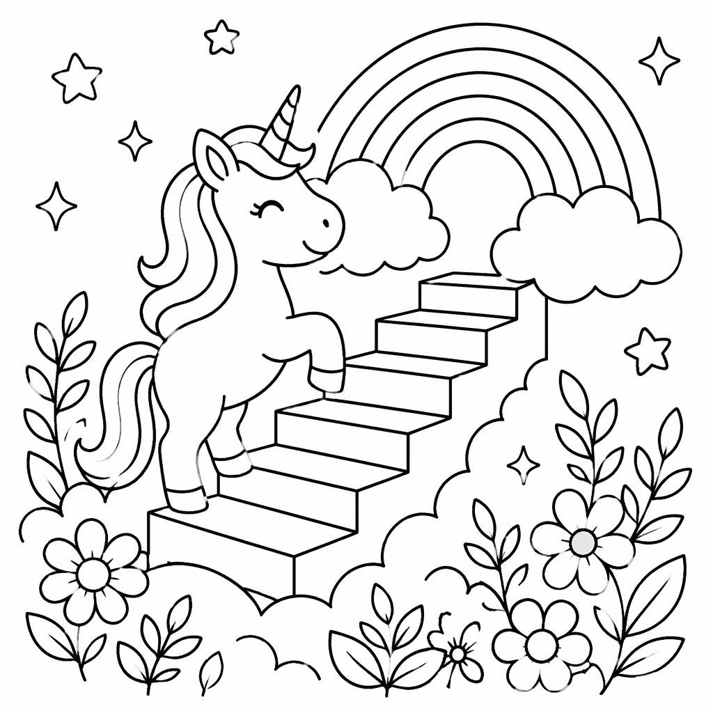 Ilustración para colorear en blanco y negro de un unicornio simple junto a un arcoíris, con estilo botánico.