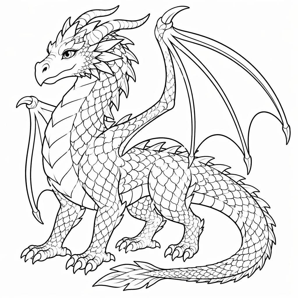 Ilustración para colorear en blanco y negro de un dragón adulto de fantasía, estilo manga, con contornos limpios.