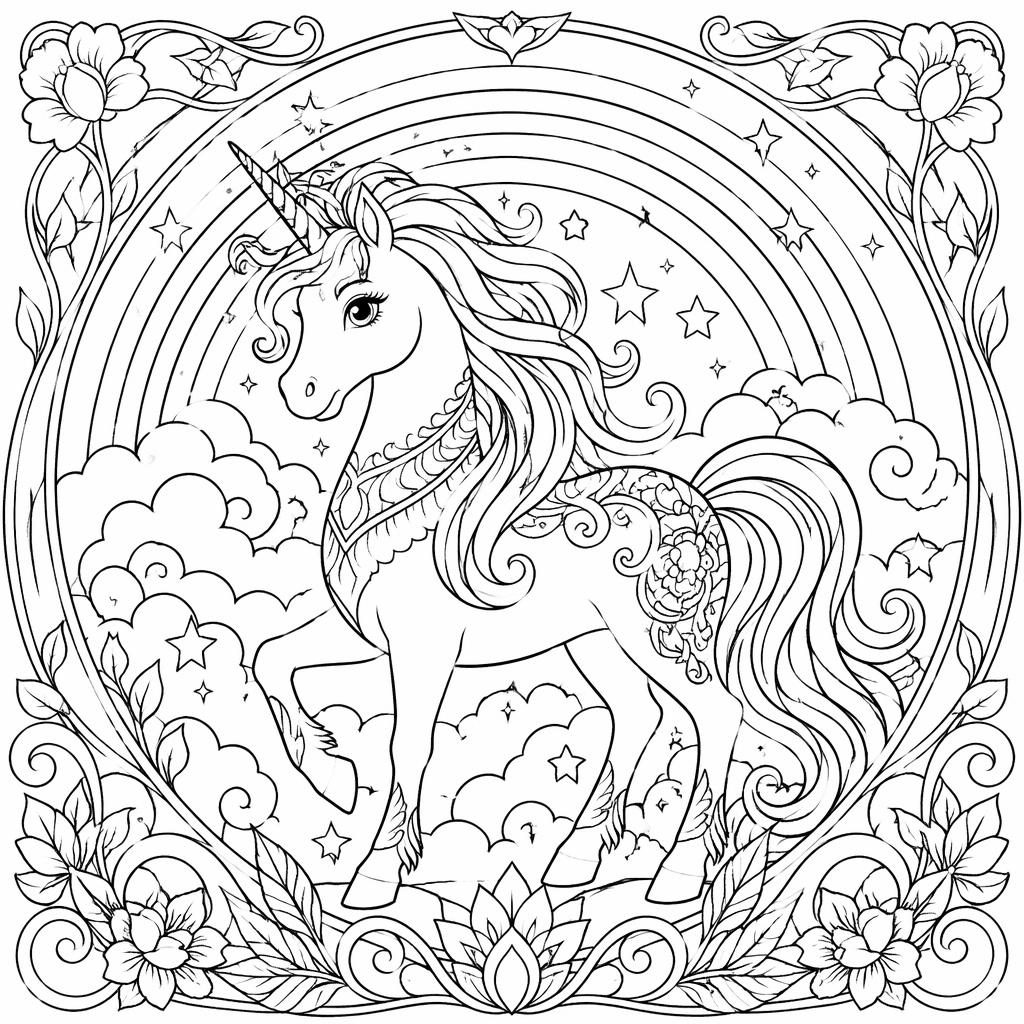 Schwarz-weiße Ausmalbild-Illustration mit Einhorn, Regenbogen und dekorativen Ornamenten im Jugendstil.