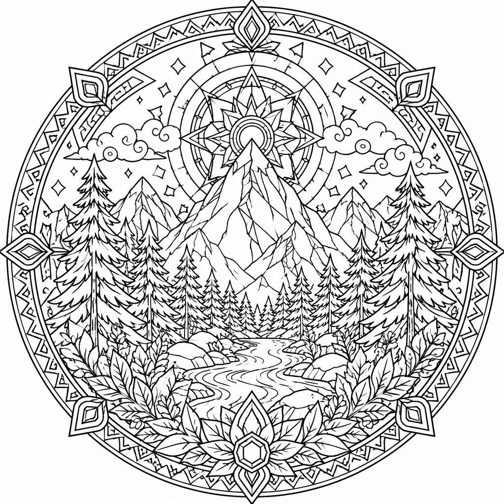 Ilustración en blanco y negro de montañas y pinos con detalle tipo mandala, estilo botánico para adultos.