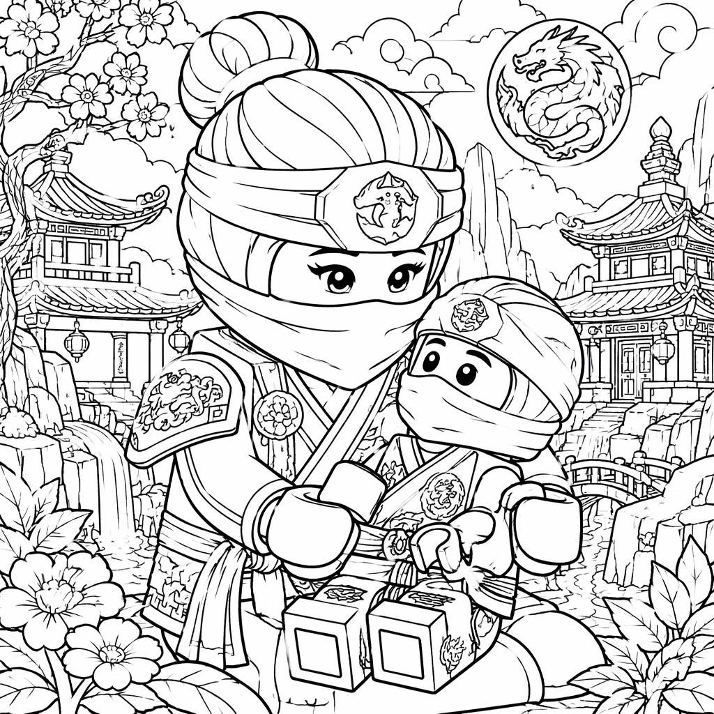 Schwarz-weißes Ausmalbild mit Tiermutter und Baby, manga-inspiriert, detailreich, klare Konturen auf weißem Hintergrund.