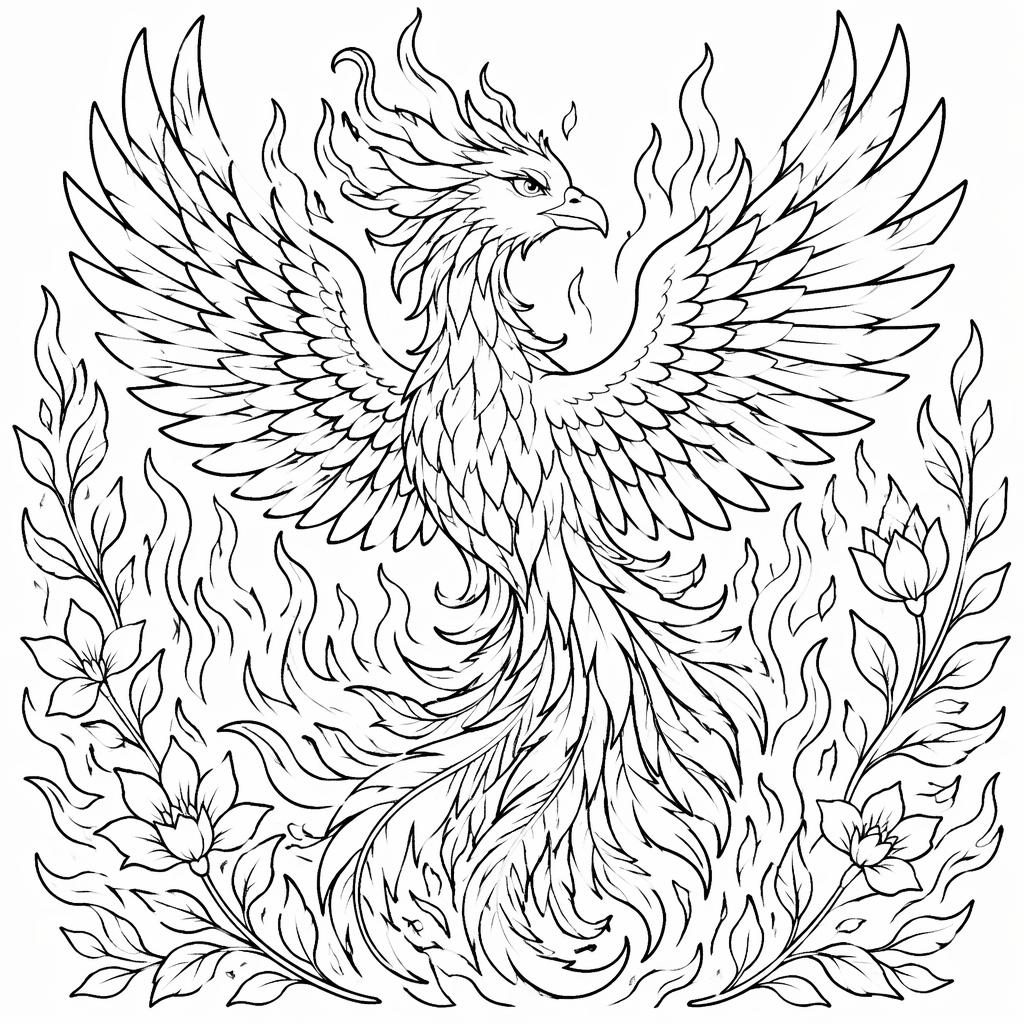 Schwarz-weiße Ausmalbild-Illustration eines erwachsenen Phönix mit Flammen im botanischen Line-Art-Stil.