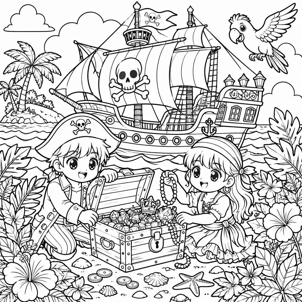 Schwarz-weiße Ausmalseite mit Piratenschiff, Schatz und kindgerechten Details in klaren, dicken Linien.