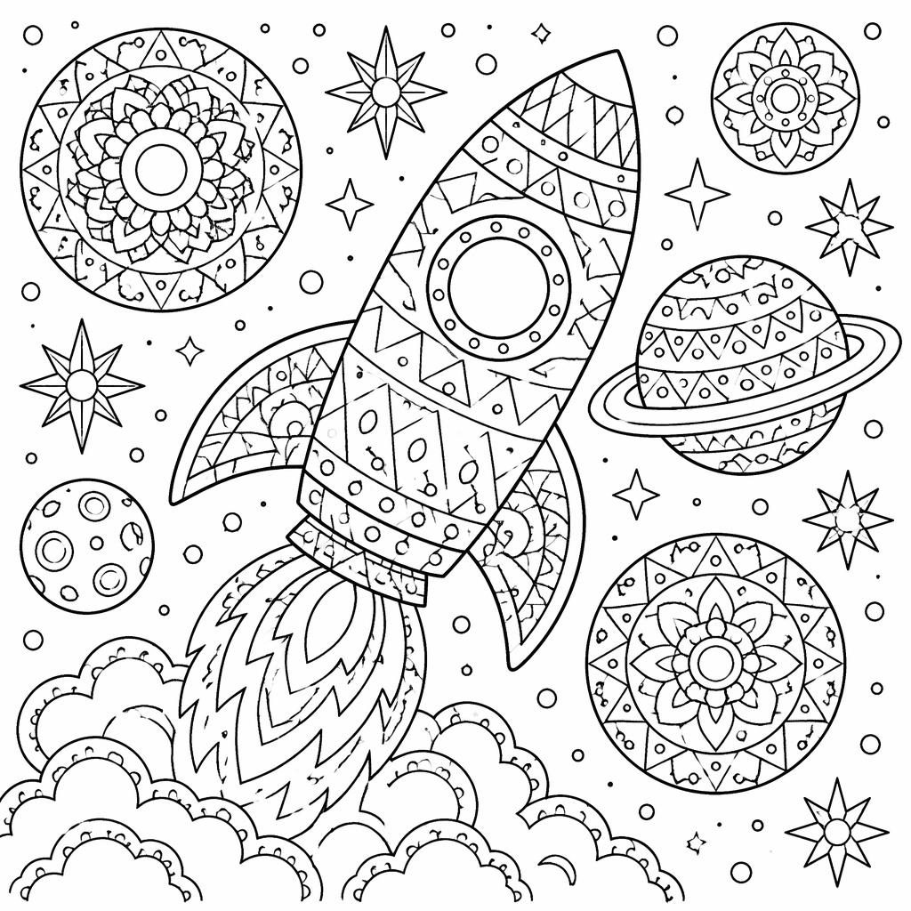 Página para colorear en blanco y negro con cohete espacial, planetas y detalles tiernos de estilo cartoon infantil.