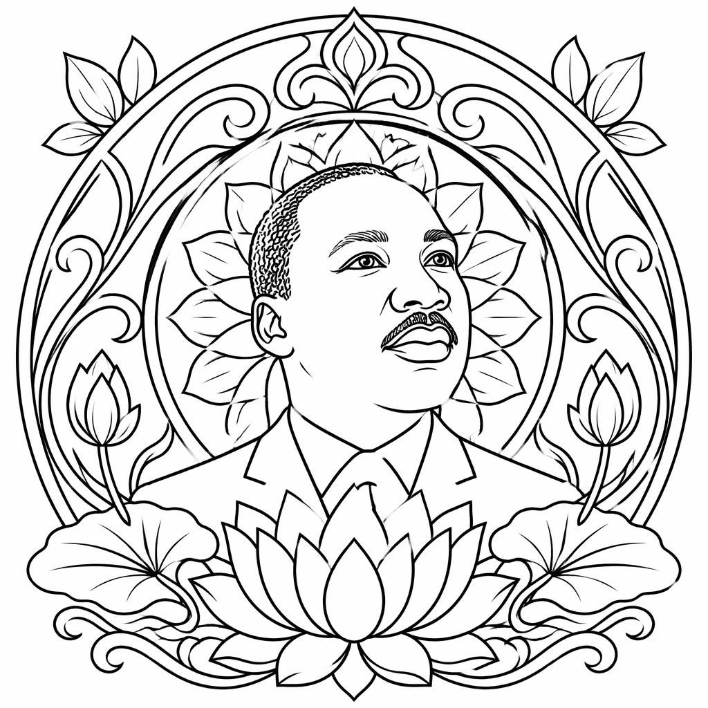 Black-and-white line art of a mandala lotus in an art nouveau style, with closed shapes for adult coloring.