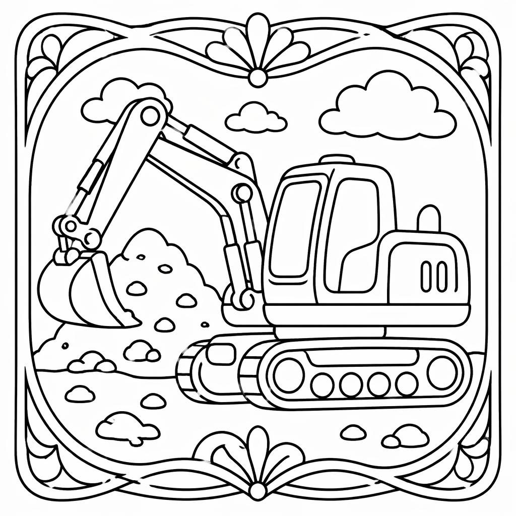 Ilustración infantil en blanco y negro con camiones de construcción para colorear, trazos simples y fondo blanco.