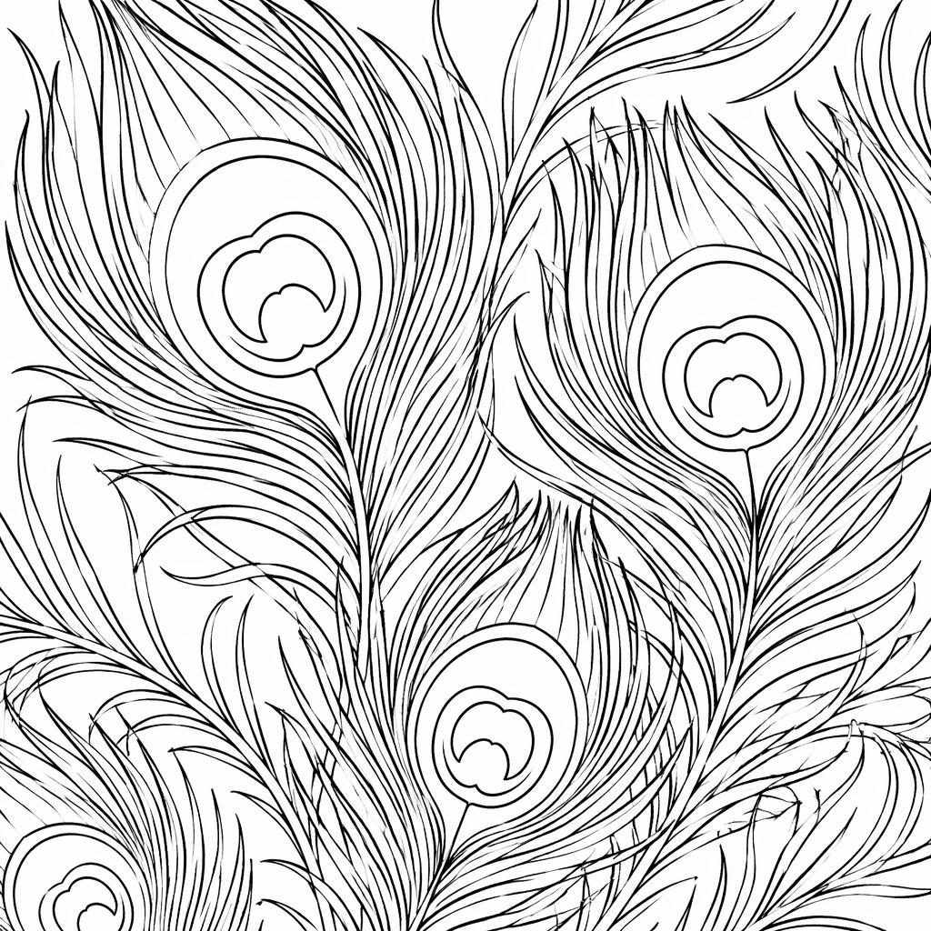 Illustration noir et blanc de plumes de paon détaillées, contours épais, formes fermées, fond blanc, style coloriage