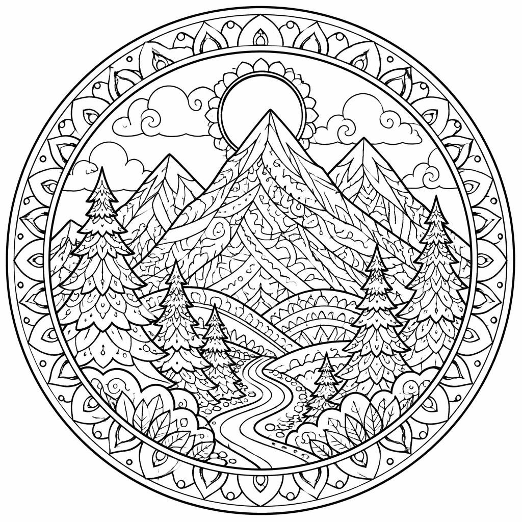 Illustration noir et blanc à colorier avec montagnes, sapins et motifs zentangle, contours nets sur fond blanc.