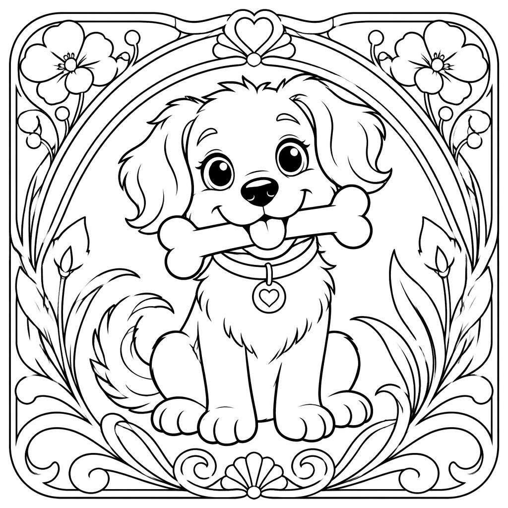 Black-and-white coloring page of a cute dog with a bone in an art nouveau line-art style for adults.