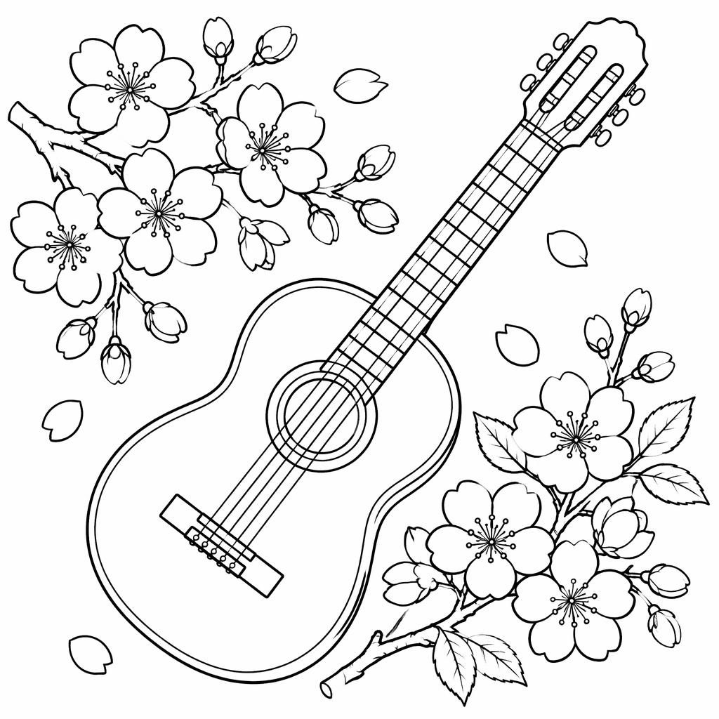 Ilustración para colorear en blanco y negro de una guitarra con flores de cerezo japonesas y ramas.