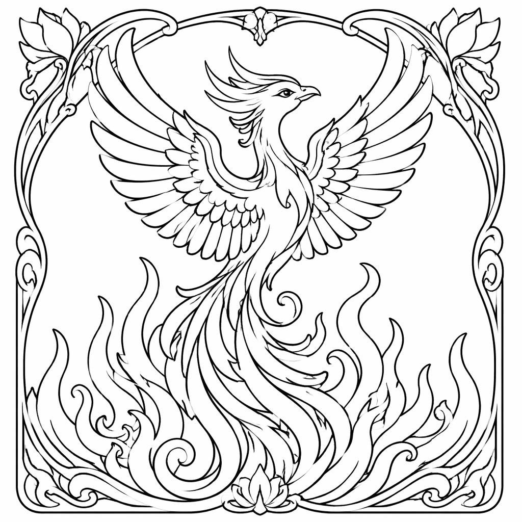Ilustración para colorear en blanco y negro de un fénix adulto con llamas, estilo art nouveau, líneas simples.