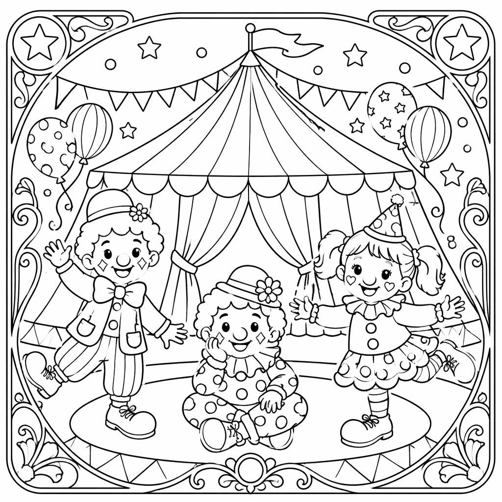 Ilustración para colorear en blanco y negro con carpa de circo, payasos y niños, en estilo art nouveau.