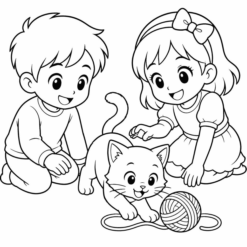 Black-and-white line art coloring page of a playful cat with young kids in a simple manga-inspired style.